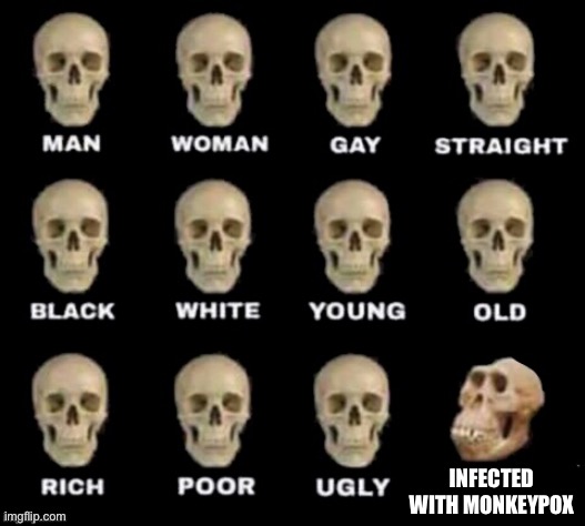 idiot skull | INFECTED WITH MONKEYPOX | image tagged in idiot skull | made w/ Imgflip meme maker