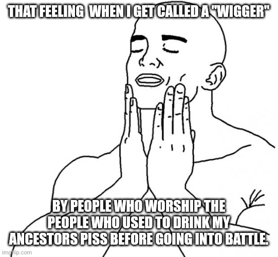 Feels Good Man | THAT FEELING  WHEN I GET CALLED A "WIGGER"; BY PEOPLE WHO WORSHIP THE PEOPLE WHO USED TO DRINK MY ANCESTORS PISS BEFORE GOING INTO BATTLE. | image tagged in feels good man | made w/ Imgflip meme maker