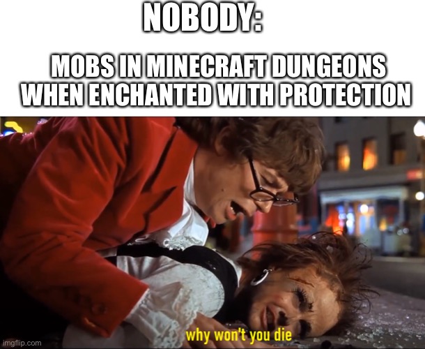 So annoying, more so with witches | NOBODY:; MOBS IN MINECRAFT DUNGEONS WHEN ENCHANTED WITH PROTECTION | image tagged in why won't you die | made w/ Imgflip meme maker