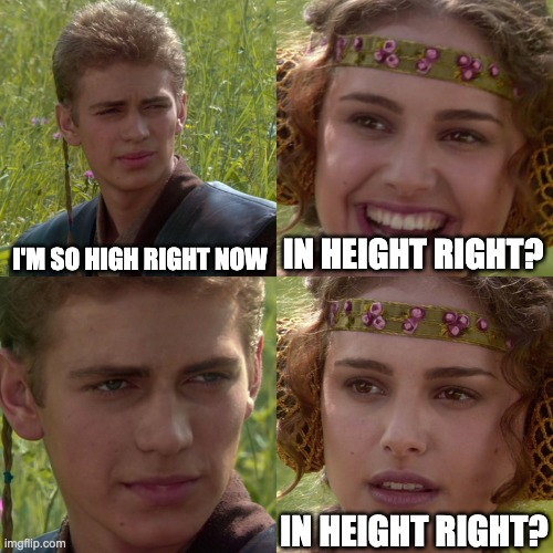 In height right | I'M SO HIGH RIGHT NOW; IN HEIGHT RIGHT? IN HEIGHT RIGHT? | image tagged in anakin padme 4 panel | made w/ Imgflip meme maker