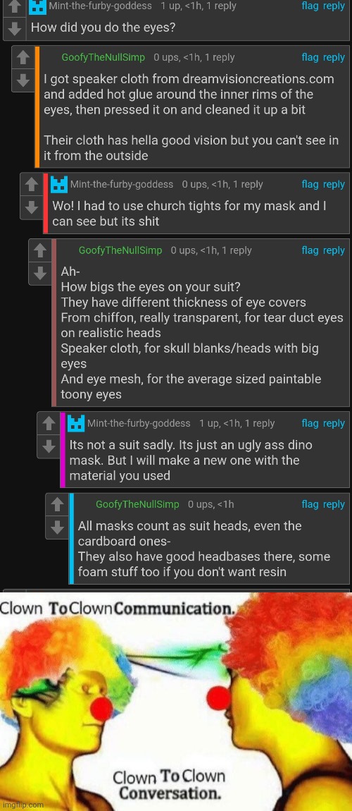 they really having a talk about fursuit heads | image tagged in clown to clown conversation | made w/ Imgflip meme maker