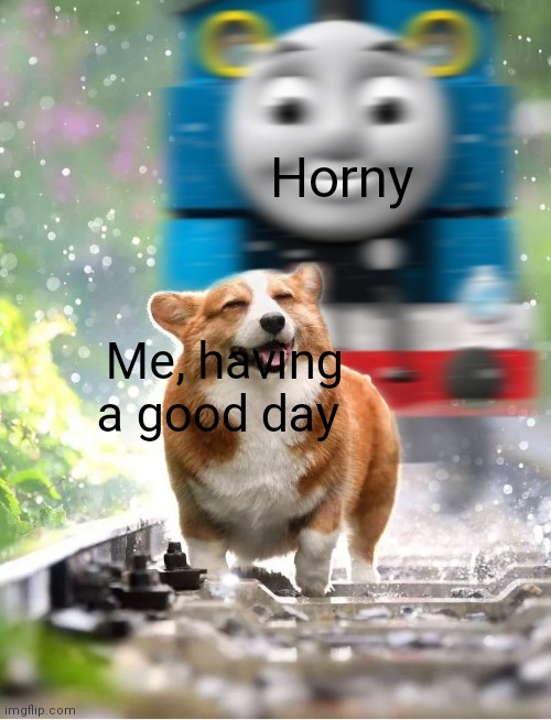 True | Horny; Me, having a good day | image tagged in dog about to get hit by thomas the train | made w/ Imgflip meme maker