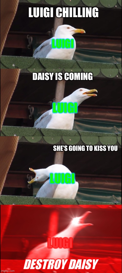 Luigi PANIC | LUIGI CHILLING; LUIGI; DAISY IS COMING; LUIGI; SHE’S GOING TO KISS YOU; LUIGI; LUIGI; DESTROY DAISY | image tagged in memes,inhaling seagull,super mario,luigi,daisy | made w/ Imgflip meme maker