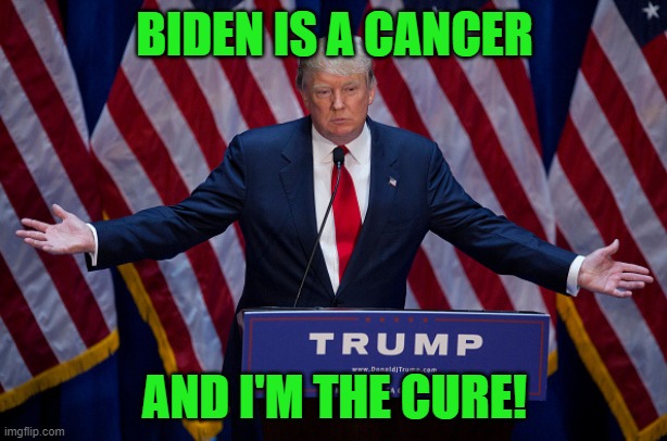 Donald Trump | BIDEN IS A CANCER AND I'M THE CURE! | image tagged in donald trump | made w/ Imgflip meme maker