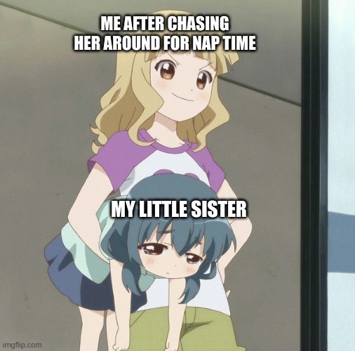 Anime Carry | ME AFTER CHASING HER AROUND FOR NAP TIME; MY LITTLE SISTER | image tagged in anime carry,family | made w/ Imgflip meme maker