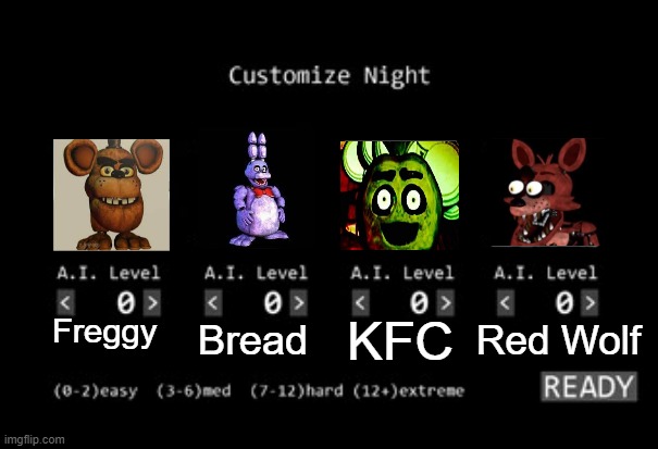 fnaf 1 custom night | Red Wolf; Bread; KFC; Freggy | image tagged in fnaf 1 custom night | made w/ Imgflip meme maker