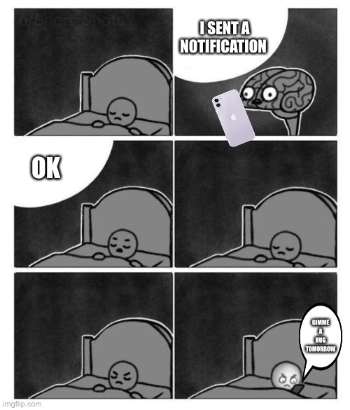 My Brain In A Call | I SENT A NOTIFICATION; OK; GIMME A HUG TOMORROW | image tagged in brain bed,iphone,notifications | made w/ Imgflip meme maker