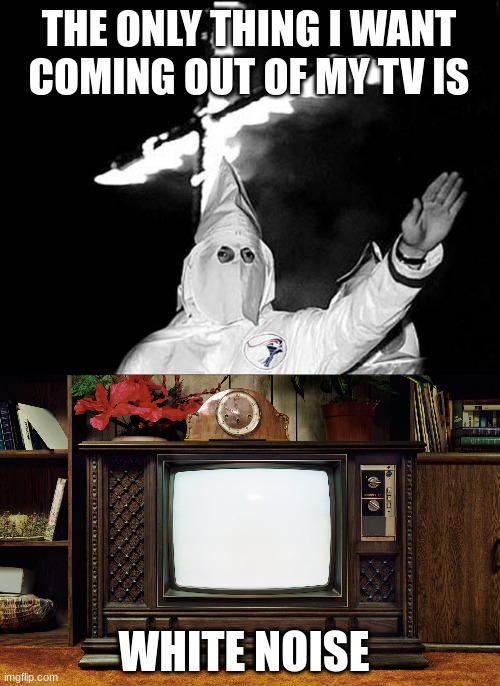 THE ONLY THING I WANT COMING OUT OF MY TV IS WHITE NOISE | image tagged in kkk heil,old tv | made w/ Imgflip meme maker