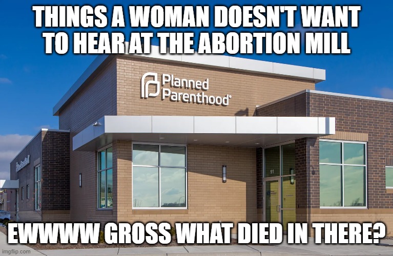 planned baby killing | THINGS A WOMAN DOESN'T WANT TO HEAR AT THE ABORTION MILL; EWWWW GROSS WHAT DIED IN THERE? | made w/ Imgflip meme maker