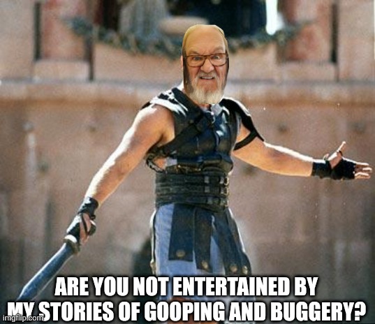 Gladiator  | ARE YOU NOT ENTERTAINED BY MY STORIES OF GOOPING AND BUGGERY? | image tagged in gladiator | made w/ Imgflip meme maker