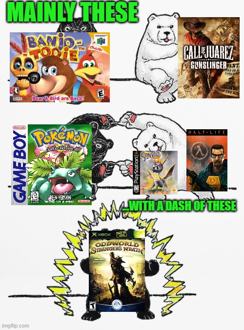 Stranger's Wrath was a good middle ground for someone who had mostly played platformers until he got the shooter heavy xbox. | MAINLY THESE; ...WITH A DASH OF THESE | image tagged in panda fusion,half life,pokemon,westerns,anthro,fps | made w/ Imgflip meme maker