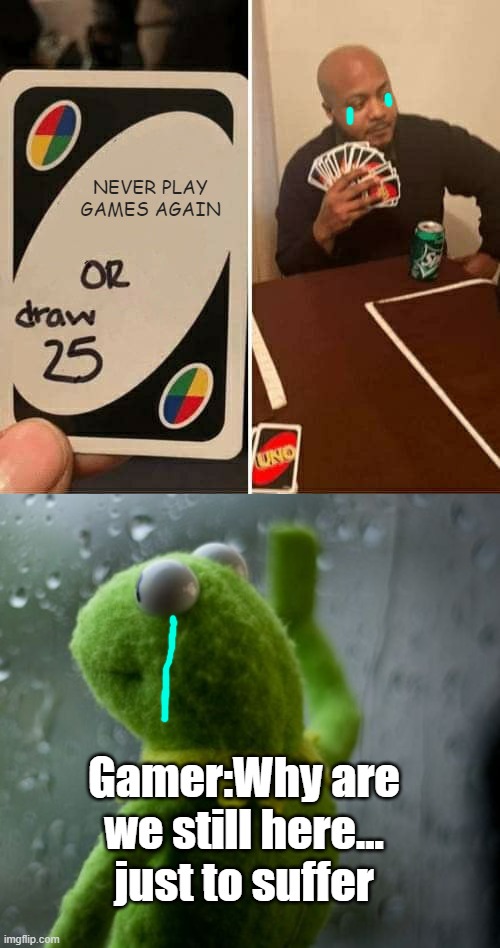 So true :( | NEVER PLAY GAMES AGAIN; Gamer:Why are we still here... just to suffer | image tagged in memes,uno draw 25 cards,kermit window | made w/ Imgflip meme maker