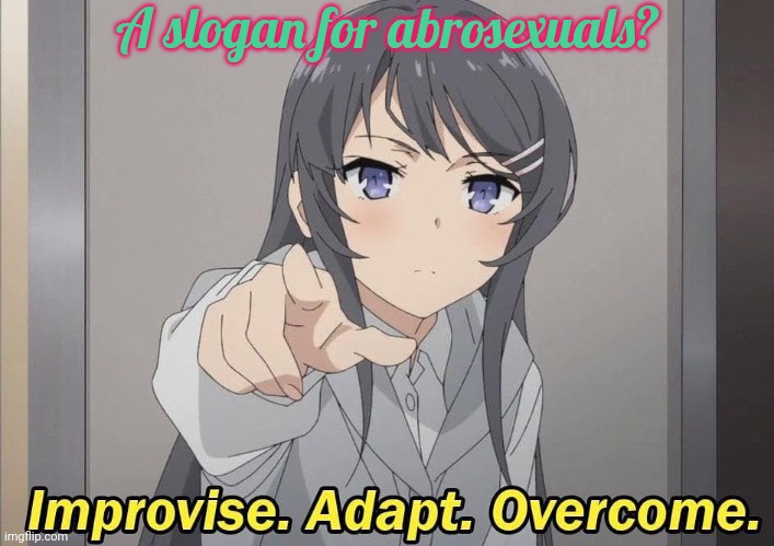 Catch phrase | A slogan for abrosexuals? | image tagged in anime improvise adapt overcome,lgbt,flexible,transformers | made w/ Imgflip meme maker