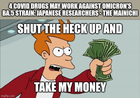 COVID-19 no more :D |  4 COVID DRUGS MAY WORK AGAINST OMICRON'S BA.5 STRAIN: JAPANESE RESEARCHERS - THE MAINICHI; SHUT THE HECK UP AND; TAKE MY MONEY | image tagged in memes,shut up and take my money fry,drugs,coronavirus,covid-19,japan | made w/ Imgflip meme maker