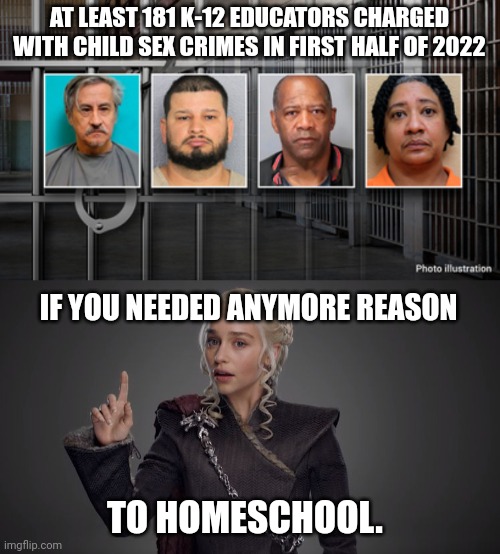 Groomers. | AT LEAST 181 K-12 EDUCATORS CHARGED WITH CHILD SEX CRIMES IN FIRST HALF OF 2022; IF YOU NEEDED ANYMORE REASON; TO HOMESCHOOL. | image tagged in danerys points up | made w/ Imgflip meme maker