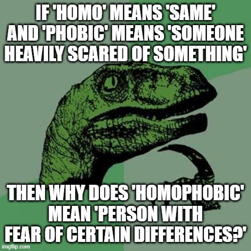 Philosoraptor |  IF 'HOMO' MEANS 'SAME' AND 'PHOBIC' MEANS 'SOMEONE HEAVILY SCARED OF SOMETHING'; THEN WHY DOES 'HOMOPHOBIC' MEAN 'PERSON WITH FEAR OF CERTAIN DIFFERENCES?' | image tagged in memes,philosoraptor,thoughts to keep you awake at night | made w/ Imgflip meme maker