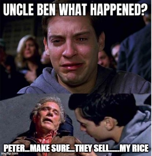With Great Rice Comes.... | PETER...MAKE SURE...THEY SELL......MY RICE | image tagged in uncle ben | made w/ Imgflip meme maker