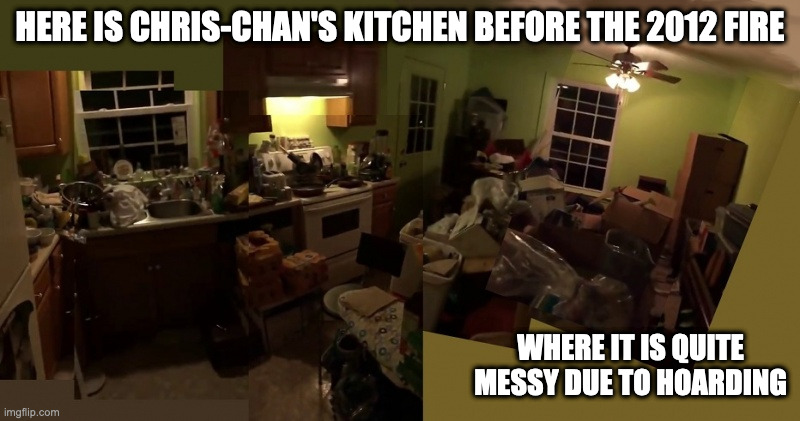 Chris-Chan's Kitchen | HERE IS CHRIS-CHAN'S KITCHEN BEFORE THE 2012 FIRE; WHERE IT IS QUITE MESSY DUE TO HOARDING | image tagged in chris-chan,kitchen,memes | made w/ Imgflip meme maker