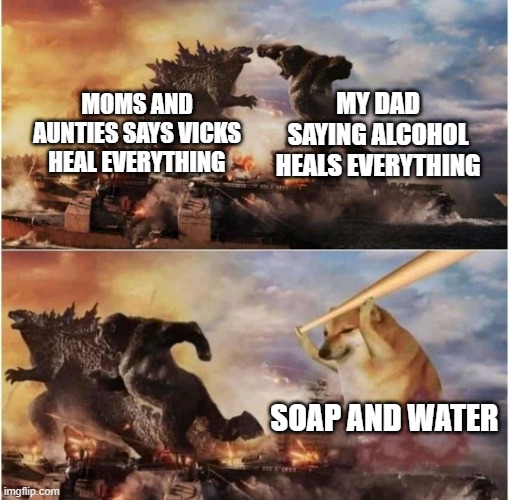 heh | MY DAD SAYING ALCOHOL HEALS EVERYTHING; MOMS AND AUNTIES SAYS VICKS HEAL EVERYTHING; SOAP AND WATER | image tagged in kong godzilla doge,funny,your mom,health | made w/ Imgflip meme maker