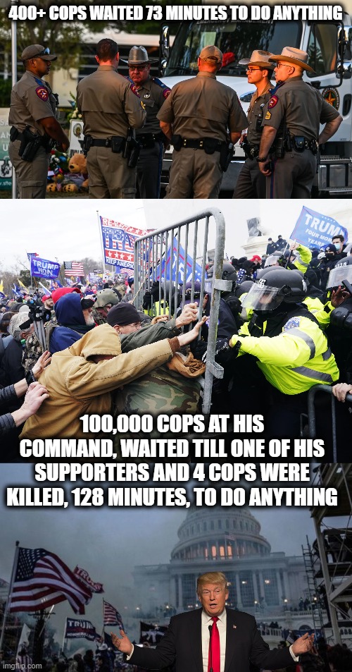 Its the same thing. | 400+ COPS WAITED 73 MINUTES TO DO ANYTHING; 100,000 COPS AT HIS COMMAND, WAITED TILL ONE OF HIS SUPPORTERS AND 4 COPS WERE KILLED, 128 MINUTES, TO DO ANYTHING | image tagged in they're the same picture,memes,politics,lock him up,treason,maga | made w/ Imgflip meme maker