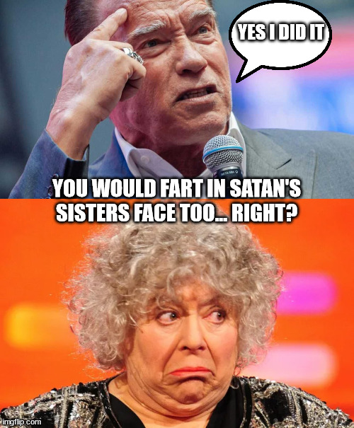 It takes a tough guy like Arnold... | YES I DID IT; YOU WOULD FART IN SATAN'S SISTERS FACE TOO... RIGHT? | image tagged in arnold schwarzenegger,tough guy | made w/ Imgflip meme maker
