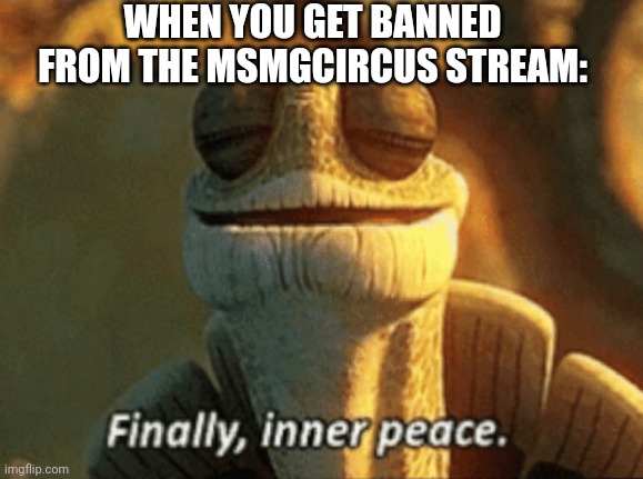 I'm not accepting mod of that stream F-70, and I never will | WHEN YOU GET BANNED FROM THE MSMGCIRCUS STREAM: | image tagged in finally inner peace | made w/ Imgflip meme maker