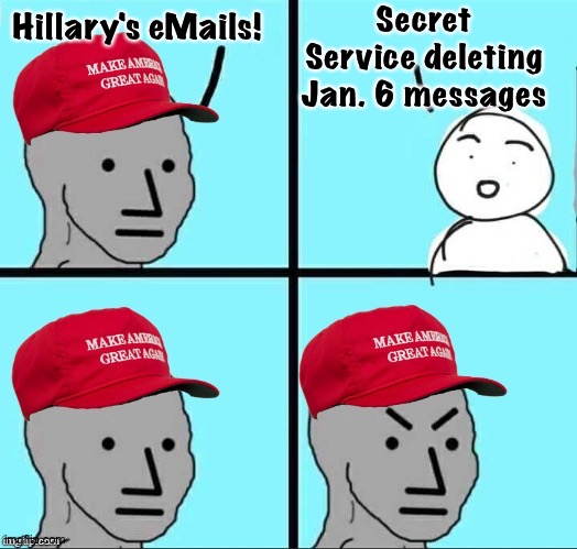 Howzat! | Secret Service deleting Jan. 6 messages; Hillary's eMails! | image tagged in maga npc an an0nym0us template | made w/ Imgflip meme maker