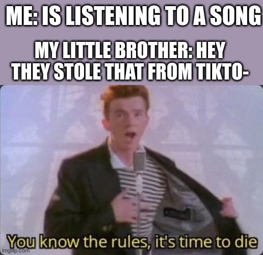 "hey they stole that from tikto-" | ME: IS LISTENING TO A SONG; MY LITTLE BROTHER: HEY THEY STOLE THAT FROM TIKTO- | image tagged in you know the rules it's time to die | made w/ Imgflip meme maker