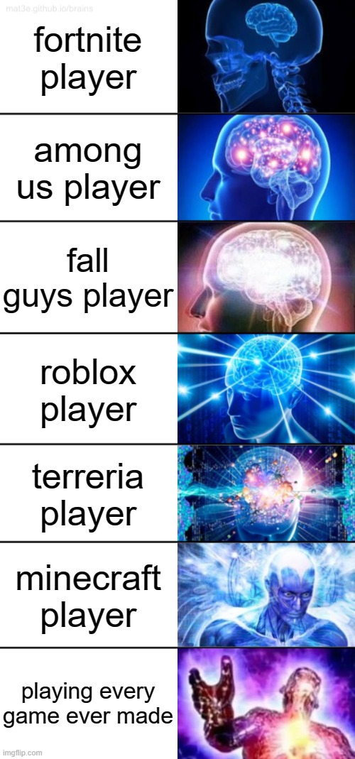 games |  fortnite player; among us player; fall guys player; roblox player; terreria player; minecraft player; playing every game ever made | image tagged in 7-tier expanding brain | made w/ Imgflip meme maker