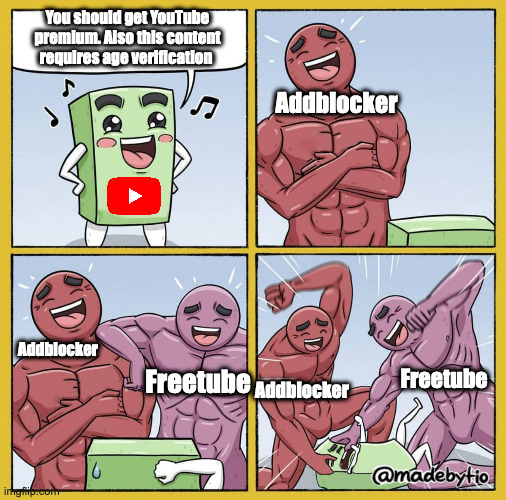 You asked it for Google - fix those damn spam accounts already! | You should get YouTube premium. Also this content requires age verification; Addblocker; Addblocker; Freetube; Addblocker; Freetube | image tagged in guy getting beat up,youtube | made w/ Imgflip meme maker