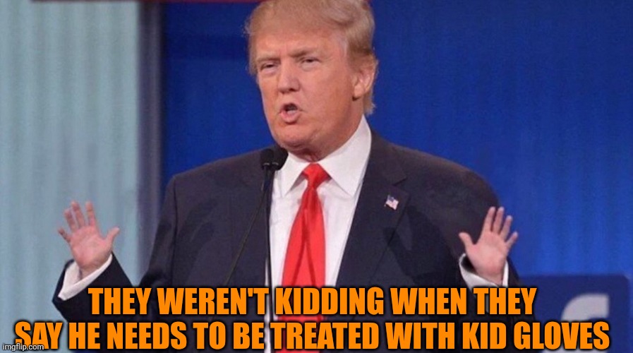Trump Tiny Hands | THEY WEREN'T KIDDING WHEN THEY SAY HE NEEDS TO BE TREATED WITH KID GLOVES | image tagged in trump tiny hands | made w/ Imgflip meme maker