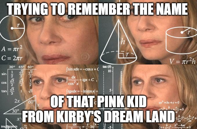 do u guys kno? | TRYING TO REMEMBER THE NAME; OF THAT PINK KID FROM KIRBY'S DREAM LAND | image tagged in calculating meme | made w/ Imgflip meme maker