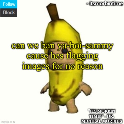 ANNOUNCEMENT | can we ban ya-boi-sammy cause hes flagging images for no reason | image tagged in announcement | made w/ Imgflip meme maker