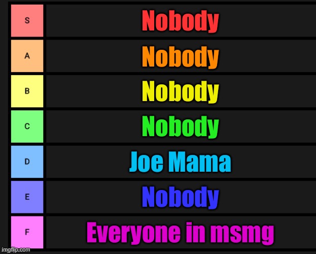 Msmg tier list | Nobody; Nobody; Nobody; Nobody; Joe Mama; Nobody; Everyone in msmg | image tagged in tier list | made w/ Imgflip meme maker