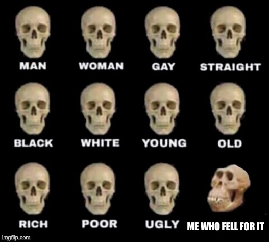 idiot skull | ME WHO FELL FOR IT | image tagged in idiot skull | made w/ Imgflip meme maker