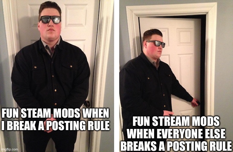 I literally saw a meme that straight up admitted they were reposting, if I did the same thing it would be taken down immediately | FUN STREAM MODS WHEN EVERYONE ELSE BREAKS A POSTING RULE; FUN STEAM MODS WHEN I BREAK A POSTING RULE | image tagged in guy who blocks door | made w/ Imgflip meme maker