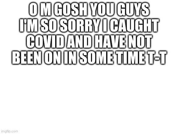 sorry you guys | O M GOSH YOU GUYS I'M SO SORRY I CAUGHT COVID AND HAVE NOT BEEN ON IN SOME TIME T-T | image tagged in blank white template | made w/ Imgflip meme maker