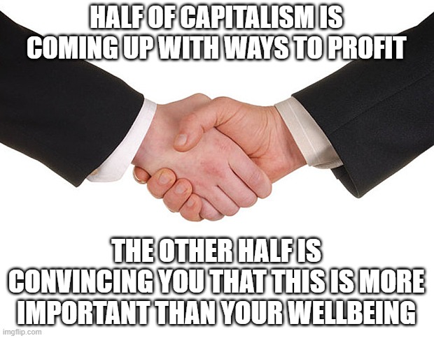 mmm, slave wages are bad, but have you considered my profit margin? | HALF OF CAPITALISM IS COMING UP WITH WAYS TO PROFIT; THE OTHER HALF IS CONVINCING YOU THAT THIS IS MORE IMPORTANT THAN YOUR WELLBEING | image tagged in business handshake | made w/ Imgflip meme maker