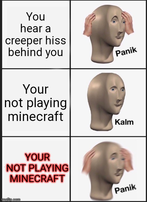 real creeper | You hear a creeper hiss behind you; Your not playing minecraft; YOUR NOT PLAYING MINECRAFT | image tagged in memes,panik kalm panik,minecraft,funny | made w/ Imgflip meme maker