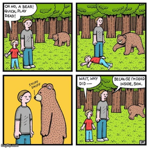 Playing dead | image tagged in playing dead,play dead,dead inside,bear,comics,comics/cartoons | made w/ Imgflip meme maker