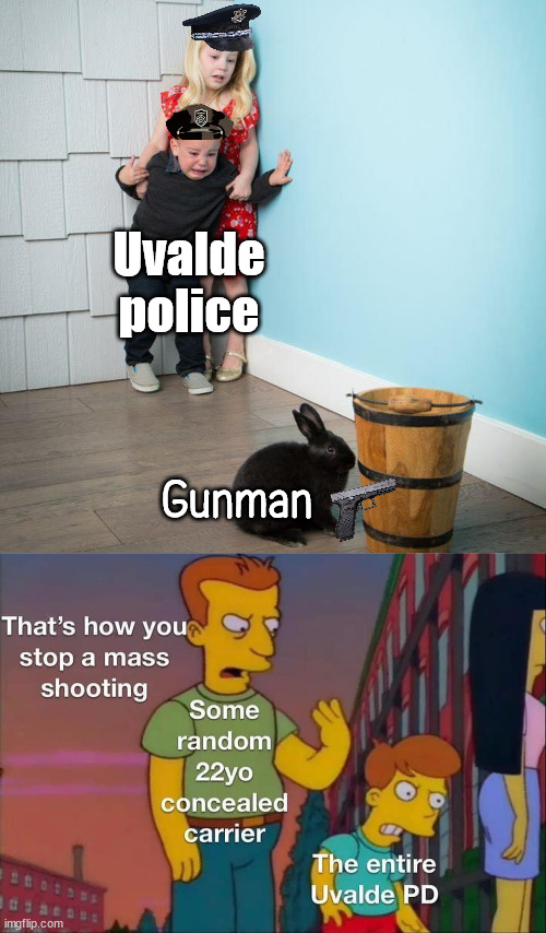 Uvalde police; Gunman | image tagged in kids afraid of rabbit,political meme | made w/ Imgflip meme maker