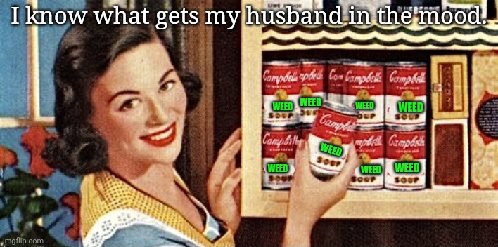 Drugs are bad, m'kay? | I know what gets my husband in the mood. WEED; WEED; WEED; WEED; WEED; WEED; WEED; WEED | image tagged in 1950s housewife,weed,soup,get some,but why why would you do that | made w/ Imgflip meme maker