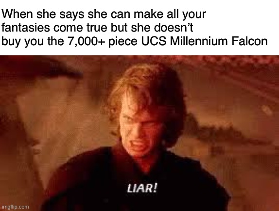 “I see through the lies of the hooker” | When she says she can make all your fantasies come true but she doesn’t buy you the 7,000+ piece UCS Millennium Falcon | image tagged in anakin liar,star wars,star wars prequels,memes,lego,lego star wars | made w/ Imgflip meme maker