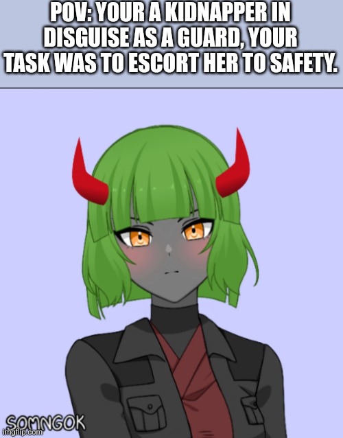 Any rp allowed. No killing her | POV: YOUR A KIDNAPPER IN DISGUISE AS A GUARD, YOUR TASK WAS TO ESCORT HER TO SAFETY. | made w/ Imgflip meme maker