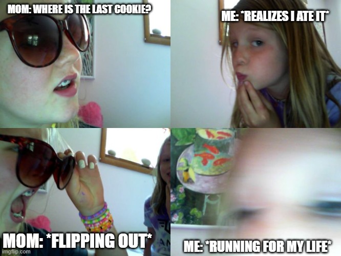 ME: *REALIZES I ATE IT*; MOM: WHERE IS THE LAST COOKIE? MOM: *FLIPPING OUT*; ME: *RUNNING FOR MY LIFE* | made w/ Imgflip meme maker