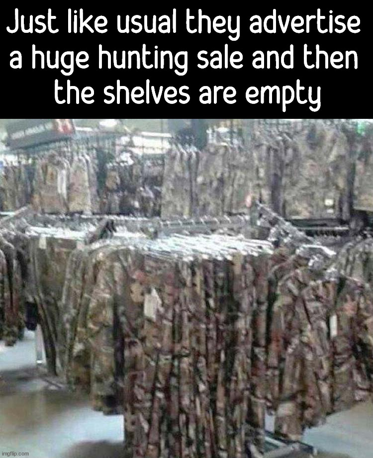 I have never seen the clothes I need for hunting |  Just like usual they advertise 
a huge hunting sale and then 
the shelves are empty | image tagged in camouflage,blind man,you don't say | made w/ Imgflip meme maker
