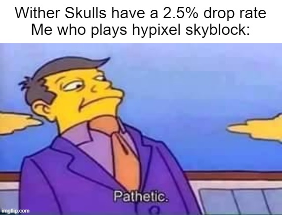 skinner pathetic | Wither Skulls have a 2.5% drop rate
Me who plays hypixel skyblock: | image tagged in skinner pathetic | made w/ Imgflip meme maker
