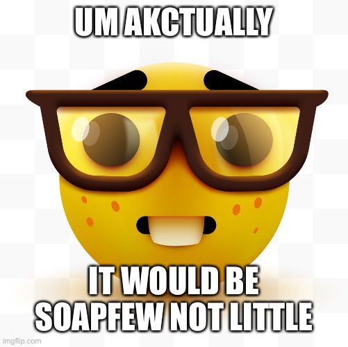 Nerd emoji | UM AKCTUALLY IT WOULD BE SOAPFEW NOT LITTLE | image tagged in nerd emoji | made w/ Imgflip meme maker