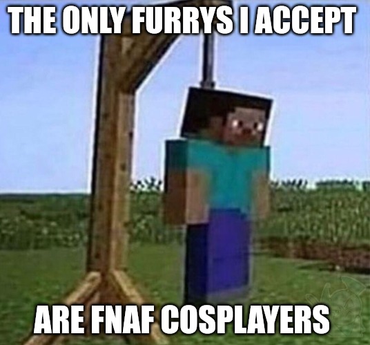 hang myself | THE ONLY FURRYS I ACCEPT; ARE FNAF COSPLAYERS | image tagged in hang myself | made w/ Imgflip meme maker