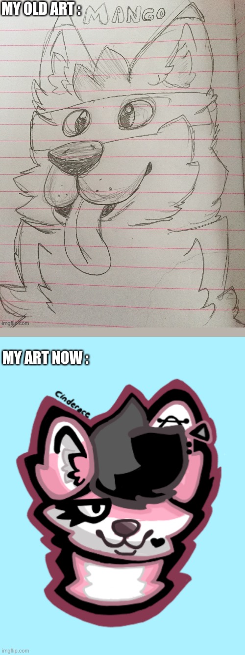 I guess I improved-? | MY OLD ART :; MY ART NOW : | image tagged in art,furry | made w/ Imgflip meme maker